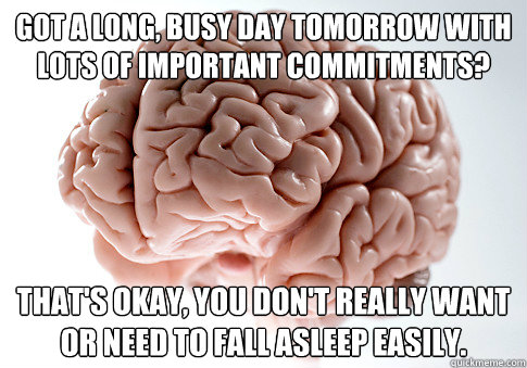 Got a long, busy day tomorrow with lots of important commitments? That's okay, you don't really want or need to fall asleep easily.  Scumbag Brain