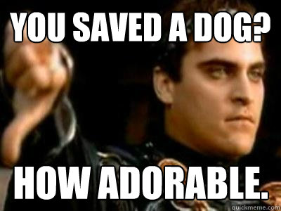 You saved a dog? How adorable.  Downvoting Roman