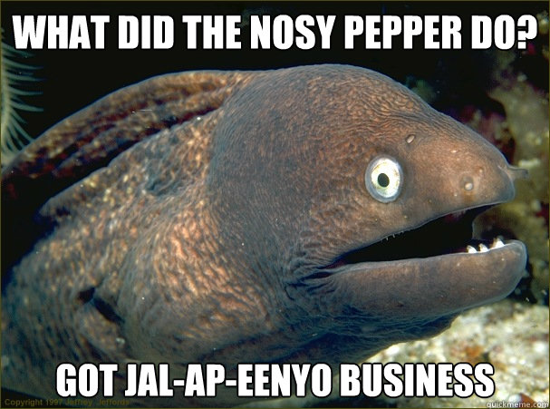 What did the nosy pepper do? Got jal-ap-eenyo business  Bad Joke Eel
