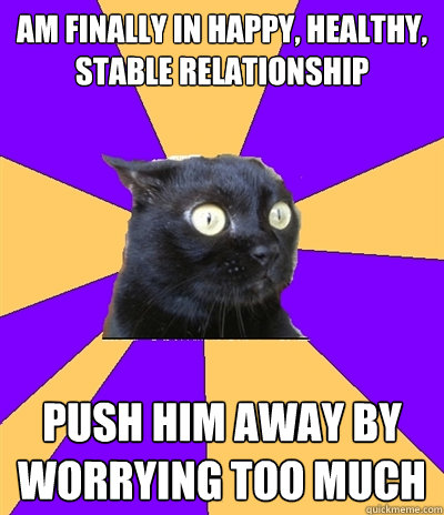 am finally in happy, healthy, stable relationship push him away by worrying too much - am finally in happy, healthy, stable relationship push him away by worrying too much  Anxiety Cat