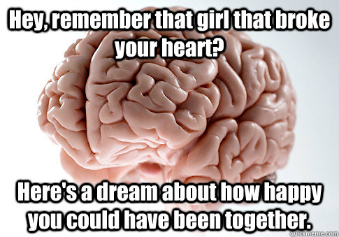 Hey, remember that girl that broke your heart? Here's a dream about how happy you could have been together.  Scumbag Brain