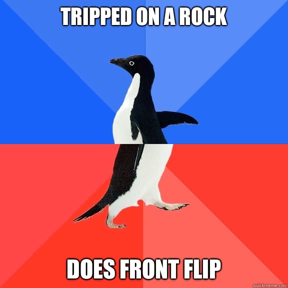 Tripped on a rock Does front flip   Socially Awkward Awesome Penguin
