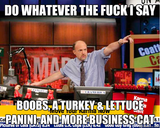 Do whatever the fuck I say Boobs, a turkey & lettuce panini, and more business cat  move your karma now
