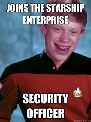 Joins the starship enterprise security officer  