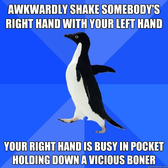 awkwardly shake somebody's right hand with your left hand your right hand is busy in pocket holding down a vicious boner  Socially Awkward Penguin