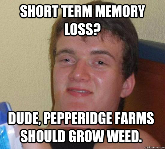short term memory loss? dude, pepperidge farms should grow weed.  10 Guy