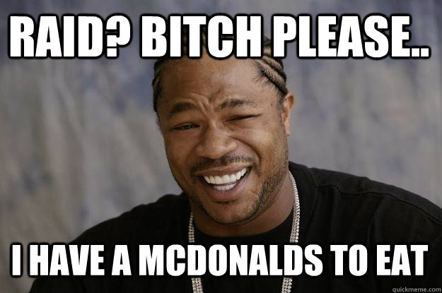 Raid? Bitch please.. I Have a mcdonalds to eat - Raid? Bitch please.. I Have a mcdonalds to eat  Xzibit meme