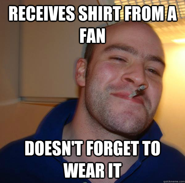 receives shirt from a fan doesn't forget to wear it - receives shirt from a fan doesn't forget to wear it  Misc