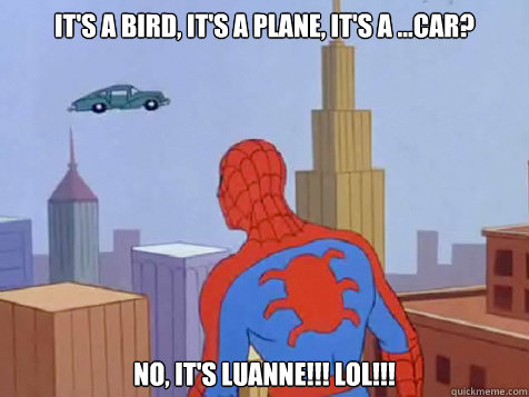 It's A bird, it's a plane, it's a ...car? No, it's luanne!!! LOL!!!  Fast car spiderman