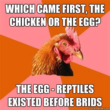 which came first, the chicken or the egg? The egg - reptiles existed before brids - which came first, the chicken or the egg? The egg - reptiles existed before brids  Anti-Joke Chicken