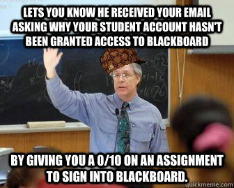 Lets you know he received your email asking why your student account hasn't been granted access to blackboard By giving you a 0/10 on an assignment to sign into Blackboard. - Lets you know he received your email asking why your student account hasn't been granted access to blackboard By giving you a 0/10 on an assignment to sign into Blackboard.  Scumbag Professor
