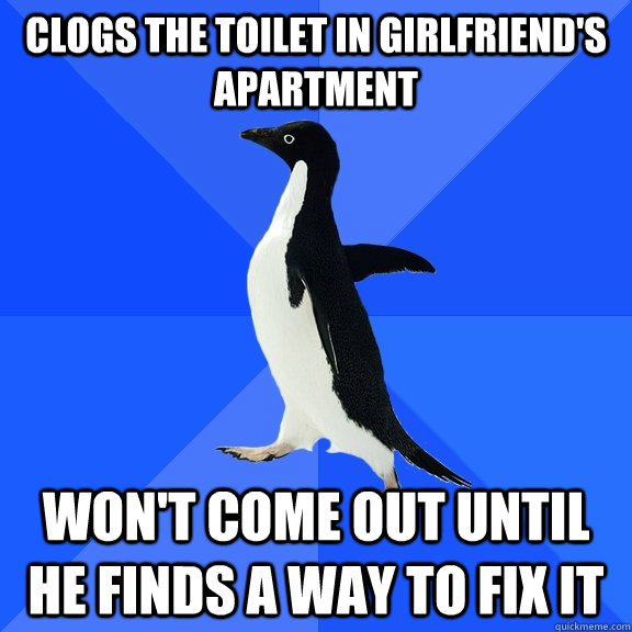 Clogs the toilet in girlfriend's apartment Won't come out until he finds a way to fix it  Socially Awkward Penguin