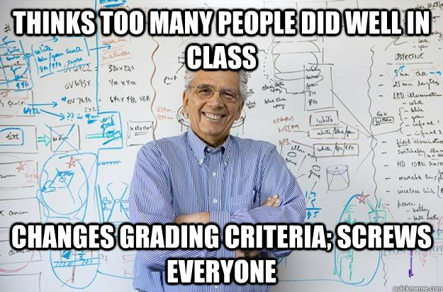 Thinks too many people did well in class Changes grading criteria; screws everyone - Thinks too many people did well in class Changes grading criteria; screws everyone  Engineering Professor