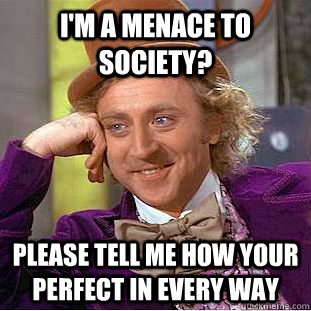 I'm a menace to society? please tell me how your perfect in every way - I'm a menace to society? please tell me how your perfect in every way  Condescending Wonka