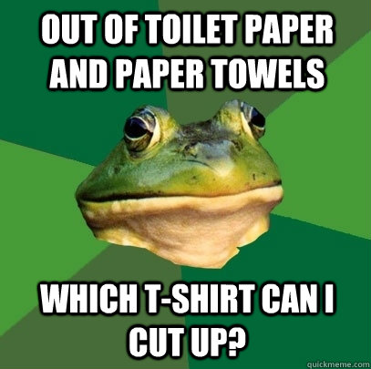 out of toilet paper and paper towels which t-shirt can i cut up?  Foul Bachelor Frog