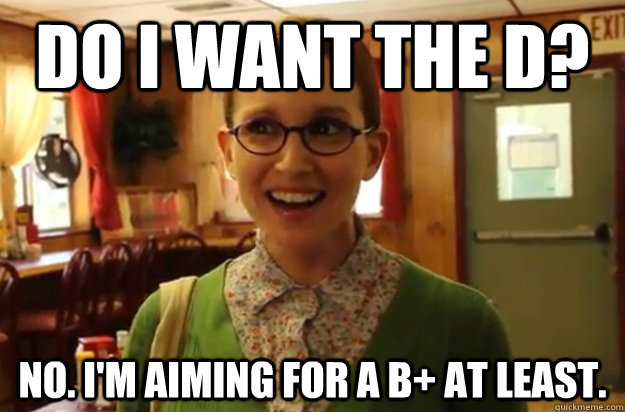 Do I want the D? No. I'm aiming for a B+ at least. - Do I want the D? No. I'm aiming for a B+ at least.  Sexually Oblivious Female