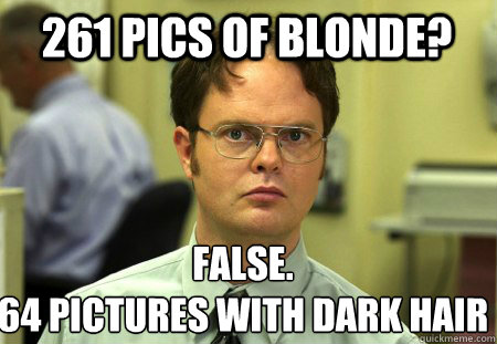 261 pics of blonde? False.
64 pictures with dark hair - 261 pics of blonde? False.
64 pictures with dark hair  Schrute