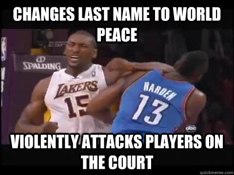 Changes last name to world peace violently Attacks players on the court  