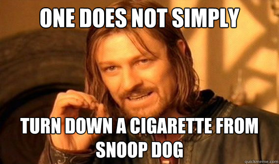 One does not simply turn down a cigarette from snoop dog  One does not simply beat skyrim