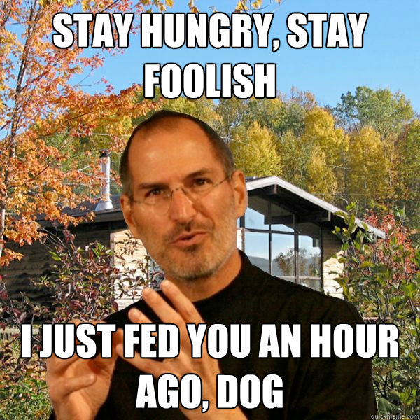 stay hungry, stay foolish i just fed you an hour ago, dog  