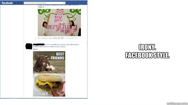 Irony.
Facebook Style. - Irony.
Facebook Style.  Irony