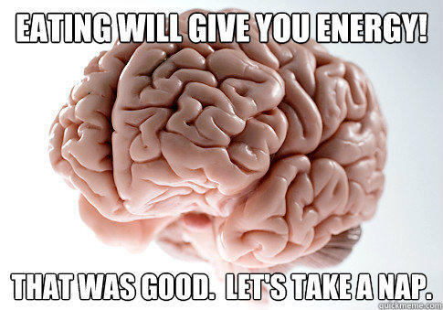 eating will give you energy! that was good.  let's take a nap.  