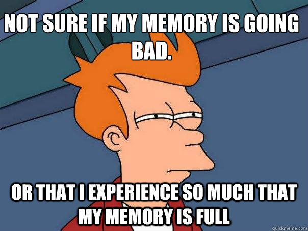 Not sure if my memory is going bad. Or that I experience so much that my memory is full - Not sure if my memory is going bad. Or that I experience so much that my memory is full  Futurama Fry