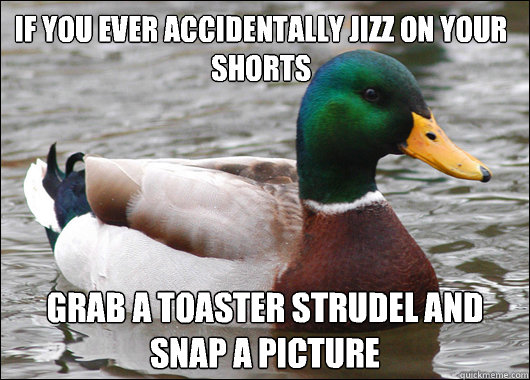 If you ever accidentally jizz on your shorts Grab a toaster strudel and snap a picture
  Actual Advice Mallard