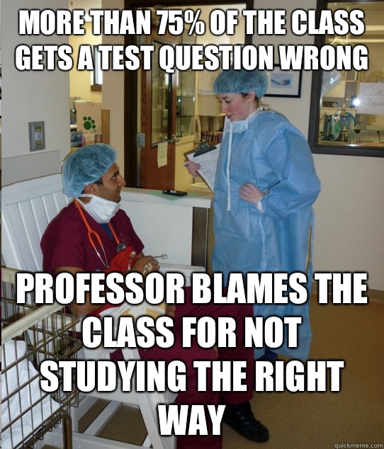 More than 75% of the class gets a test question wrong Professor blames the class for not studying the right way  Overworked Veterinary Student