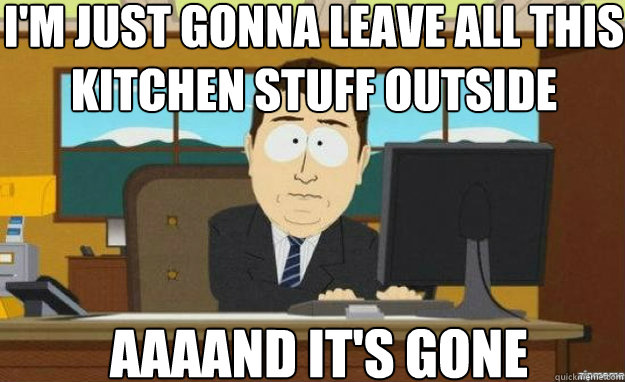 I'm just gonna leave all this kitchen stuff outside AAAAND IT'S gone - I'm just gonna leave all this kitchen stuff outside AAAAND IT'S gone  aaaand its gone