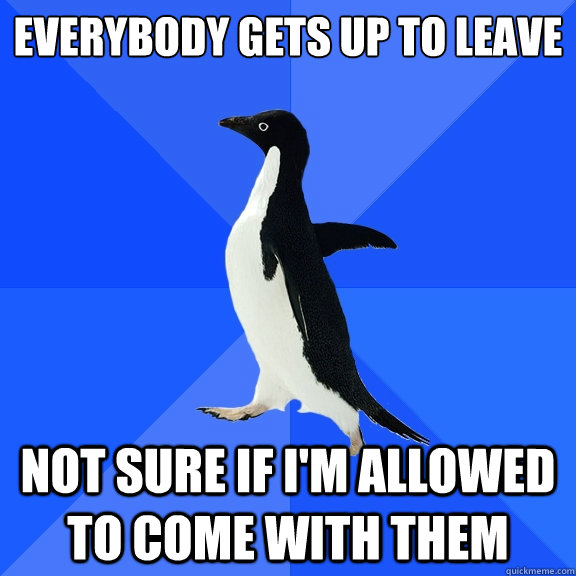 Everybody gets up to leave not sure if i'm allowed to come with them  Socially Awkward Penguin