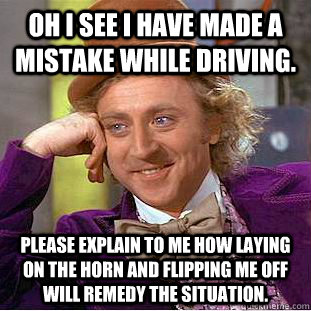 OH I see i have made a mistake while driving. Please explain to me how laying on the horn and flipping me off will remedy the situation.  - OH I see i have made a mistake while driving. Please explain to me how laying on the horn and flipping me off will remedy the situation.   Condescending Wonka