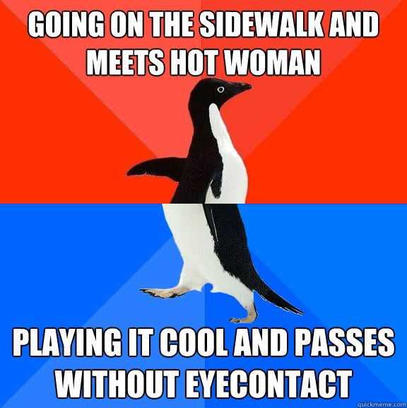 going on the sidewalk and meets hot woman playing it cool and passes without eyecontact  Socially Awesome Awkward Penguin