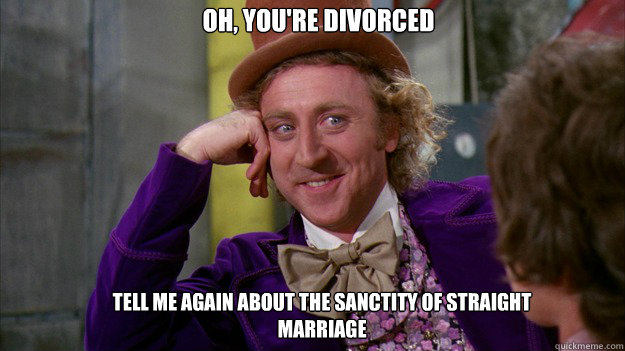Oh, you're divorced tell me again about the sanctity of straight marriage  