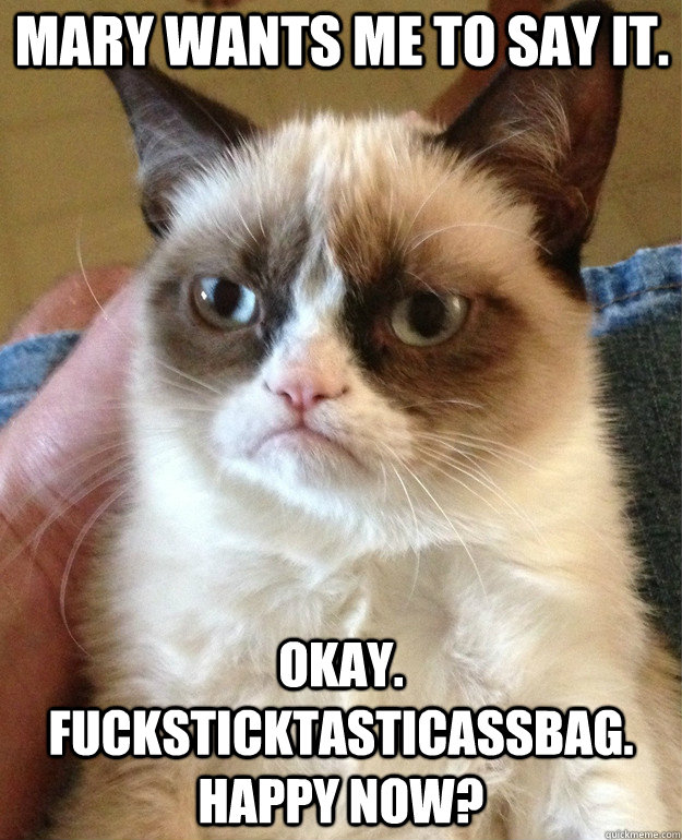 Mary wants me to say it. Okay. Fucksticktasticassbag. Happy now?  Grumpy Cat