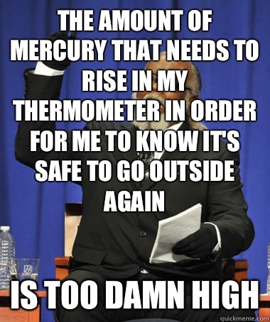 The amount of mercury that needs to rise in my thermometer in order for me to know it's safe to go outside again Is too damn high  The Rent Is Too Damn High