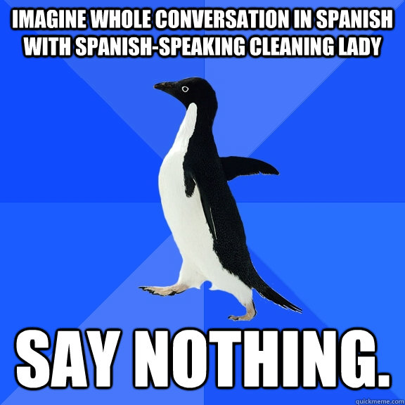 Imagine whole conversation in Spanish with Spanish-speaking cleaning lady SAY NOTHING.  Socially Awkward Penguin