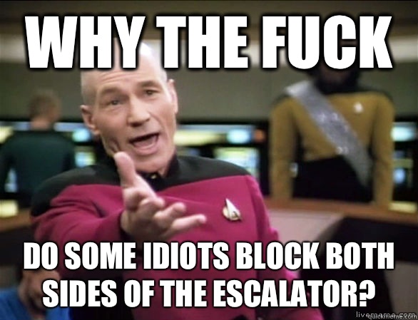 why the fuck Do some idiots block both sides of the escalator?  Annoyed Picard HD