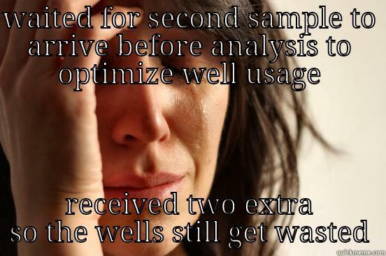 WAITED FOR SECOND SAMPLE TO ARRIVE BEFORE ANALYSIS TO OPTIMIZE WELL USAGE RECEIVED TWO EXTRA SO THE WELLS STILL GET WASTED First World Problems