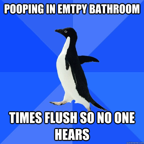 pooping in emtpy bathroom times flush so no one hears  Socially Awkward Penguin