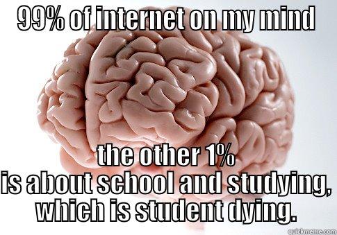 99% OF INTERNET ON MY MIND THE OTHER 1% IS ABOUT SCHOOL AND STUDYING, WHICH IS STUDENT DYING. Scumbag Brain