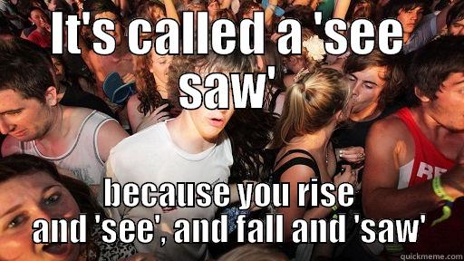 IT'S CALLED A 'SEE SAW' BECAUSE YOU RISE AND 'SEE', AND FALL AND 'SAW' Sudden Clarity Clarence