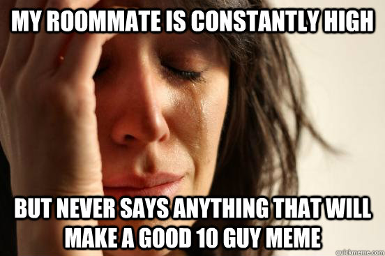 My Roommate is constantly high but never says anything that will make a good 10 guy meme  First World Problems