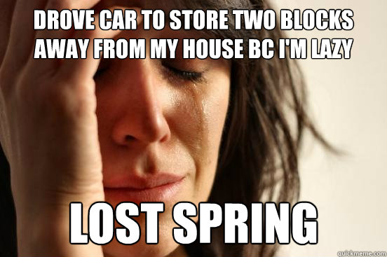 drove car to store two blocks away from my house bc i'm lazy lost spring  First World Problems