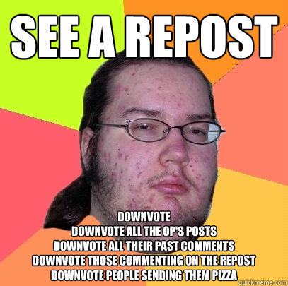 See A Repost downvote
downvote all the OP's posts
downvote all their past comments
downvote those commenting on the repost
downvote people sending them pizza  Butthurt Dweller