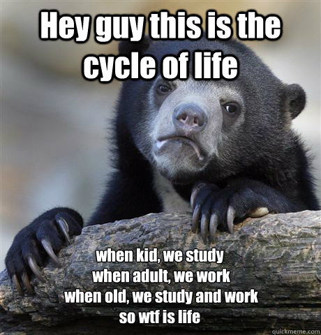 Hey guy this is the cycle of life when kid, we study
 when adult, we work
 when old, we study and work
so wtf is life  Confession Bear