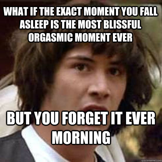 what if the exact moment you fall asleep is the most blissful orgasmic moment ever  but you forget it ever morning  conspiracy keanu