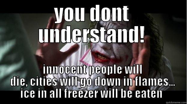 YOU DONT UNDERSTAND! INNOCENT PEOPLE WILL DIE, CITIES WILL GO DOWN IN FLAMES... ICE IN ALL FREEZER WILL BE EATEN  Joker Mind Loss