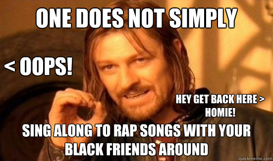 One Does Not Simply sing along to rap songs with your black friends around < OOPS! HEY GET BACK HERE > HOMIE!  Boromir