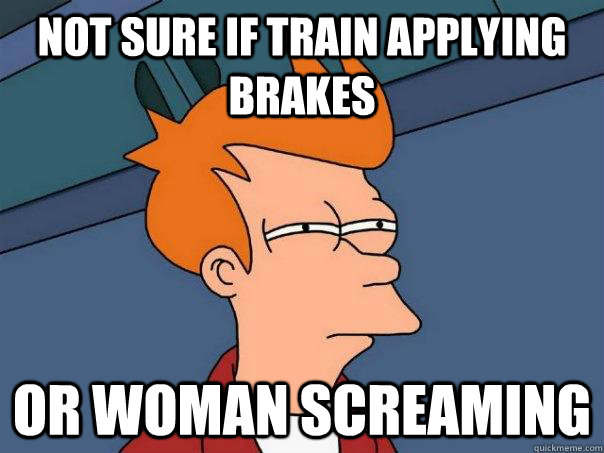 not sure if train applying brakes or woman screaming  Futurama Fry